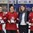 PLYMOUTH, MICHIGAN - APRIL 6: Switzerland's Livia Altmann #22, Christine Meier #19 and Alina Muller #25 are presented the top 3 players award by IIHF council member Marta Zawadzka during relegation round action at the 2017 IIHF Ice Hockey Women's World Championship. (Photo by Minas Panagiotakis/HHOF-IIHF Images)

